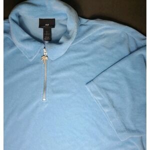 H&M Men's Terry Cloth Polo Shirt Blue Size Large Collar Palm Tree Zip Pull EUC